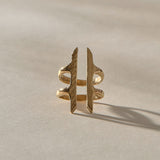 Akash Shield Statement Ring in solid recycled gold from the front, two carved bars joined by a double band.
