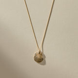 Elysian Shell Necklace in gold, the scallop shell pendant hanging from its chain.