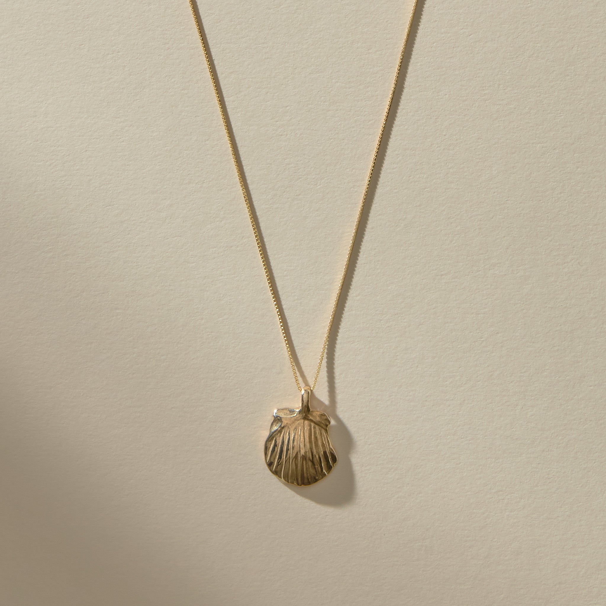 Elysian Shell Necklace in gold, the scallop shell pendant hanging from its chain.