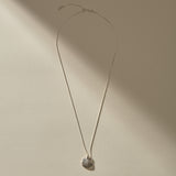 Full length of the Elysian Shell Necklace in sterling silver on its adjustable box chain.