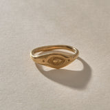 Evil Eye Protection Ring in solid recycled gold from the front, showing the carved eye.