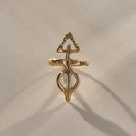 Ma'at Elemental Ring in solid recycled gold, front view of the hand-carved Egyptian goddess amulet ring