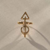 Ma'at Elemental Ring in solid recycled gold, front view of the hand-carved Egyptian goddess amulet ring