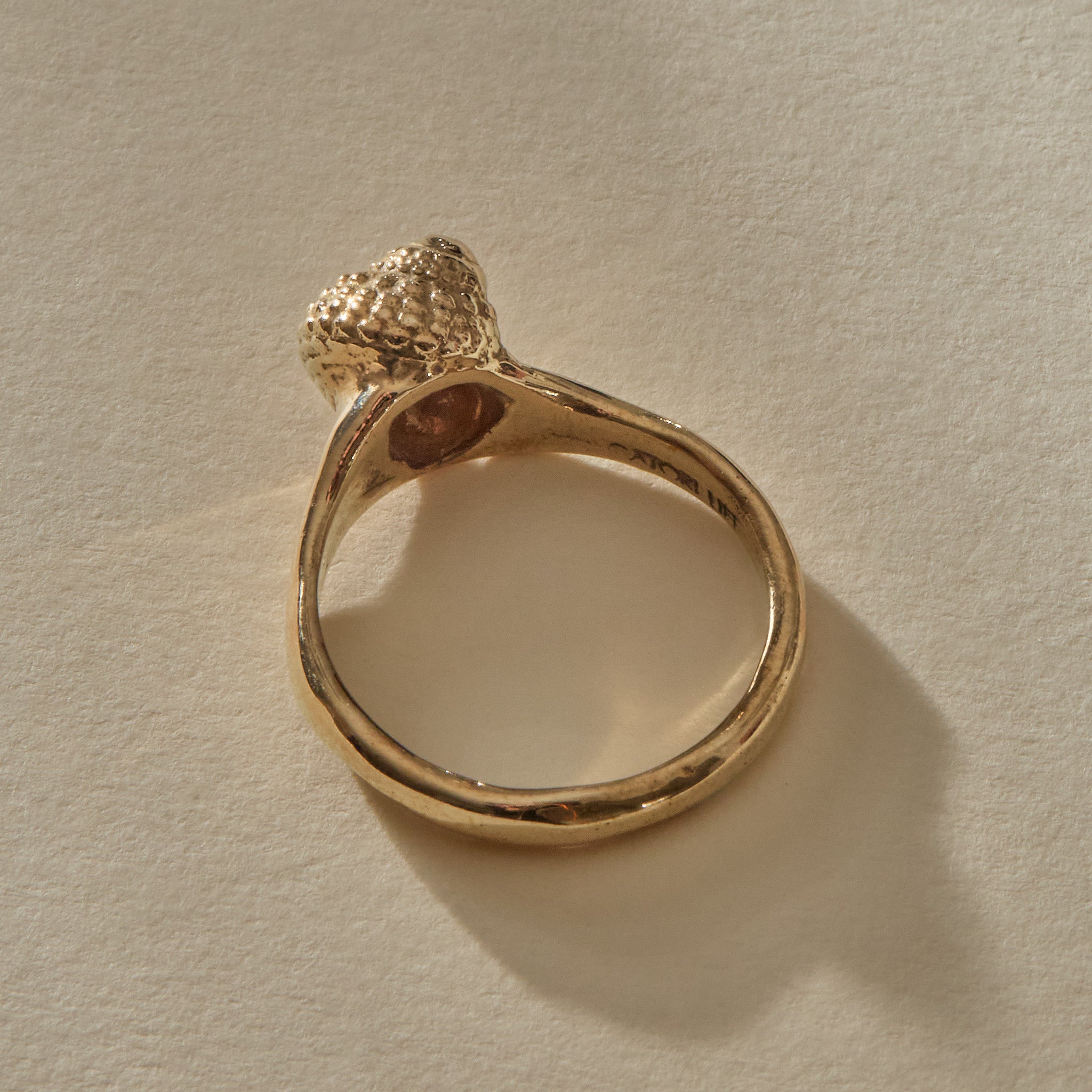 Maré Ring in solid recycled gold standing upright, shell on top