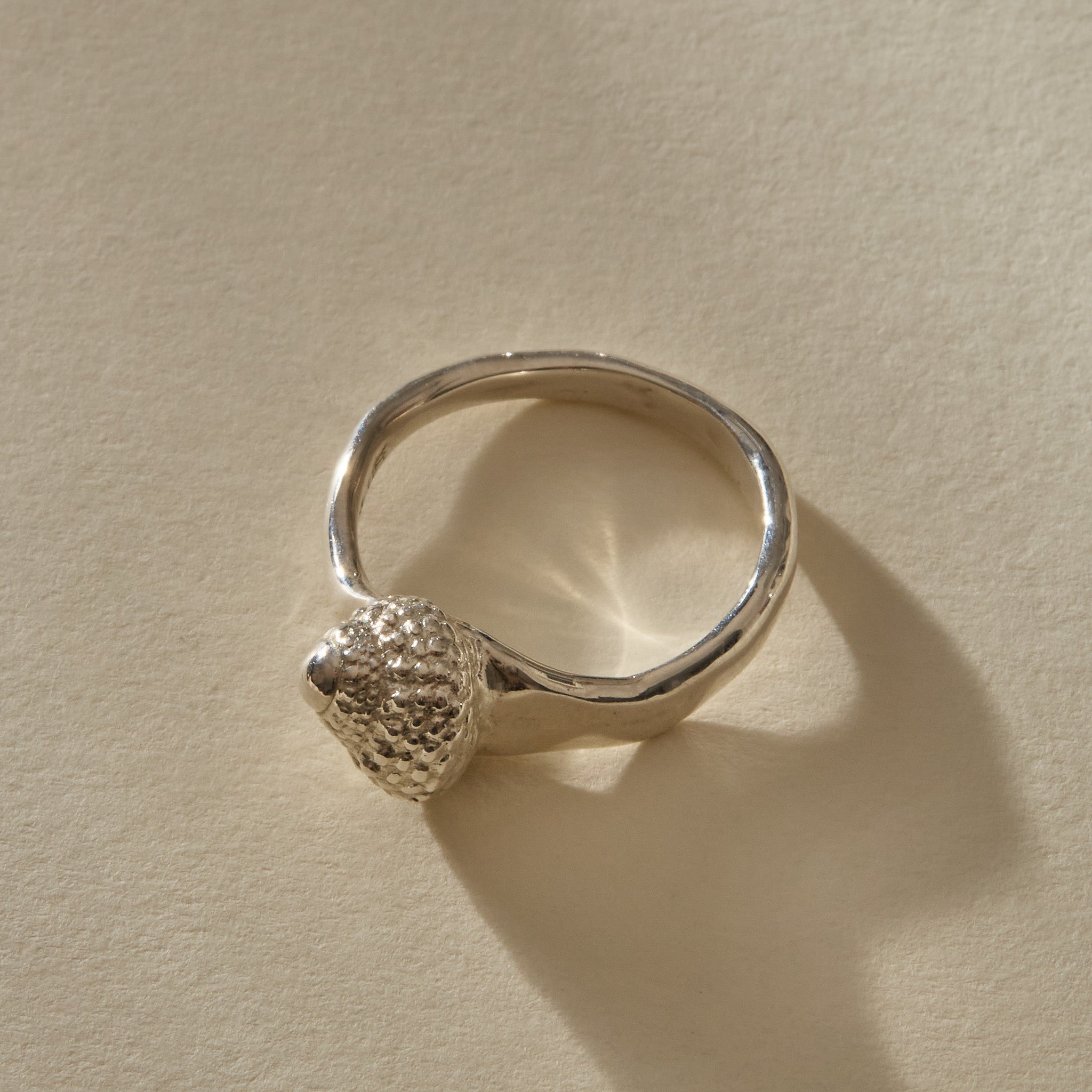 Maré Shell Ring in sterling silver from the front, the shell's spiral opening sitting low on the band.