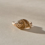 Neptune Spiral Shell Ring in bronze from a low angle, the spiral shell rising from the band.