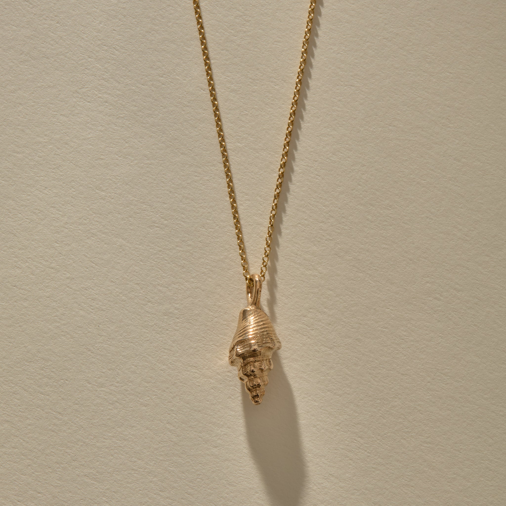 Sereia Spiral Shell Necklace in bronze, the spiral shell hanging from its chain.