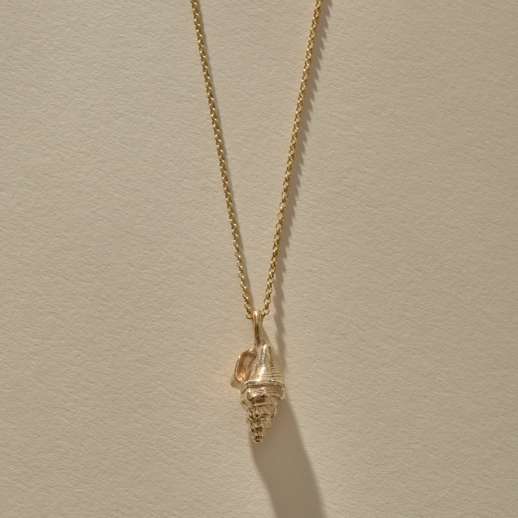 Sereia Spiral Shell Necklace in gold, the spiral shell hanging from its chain.