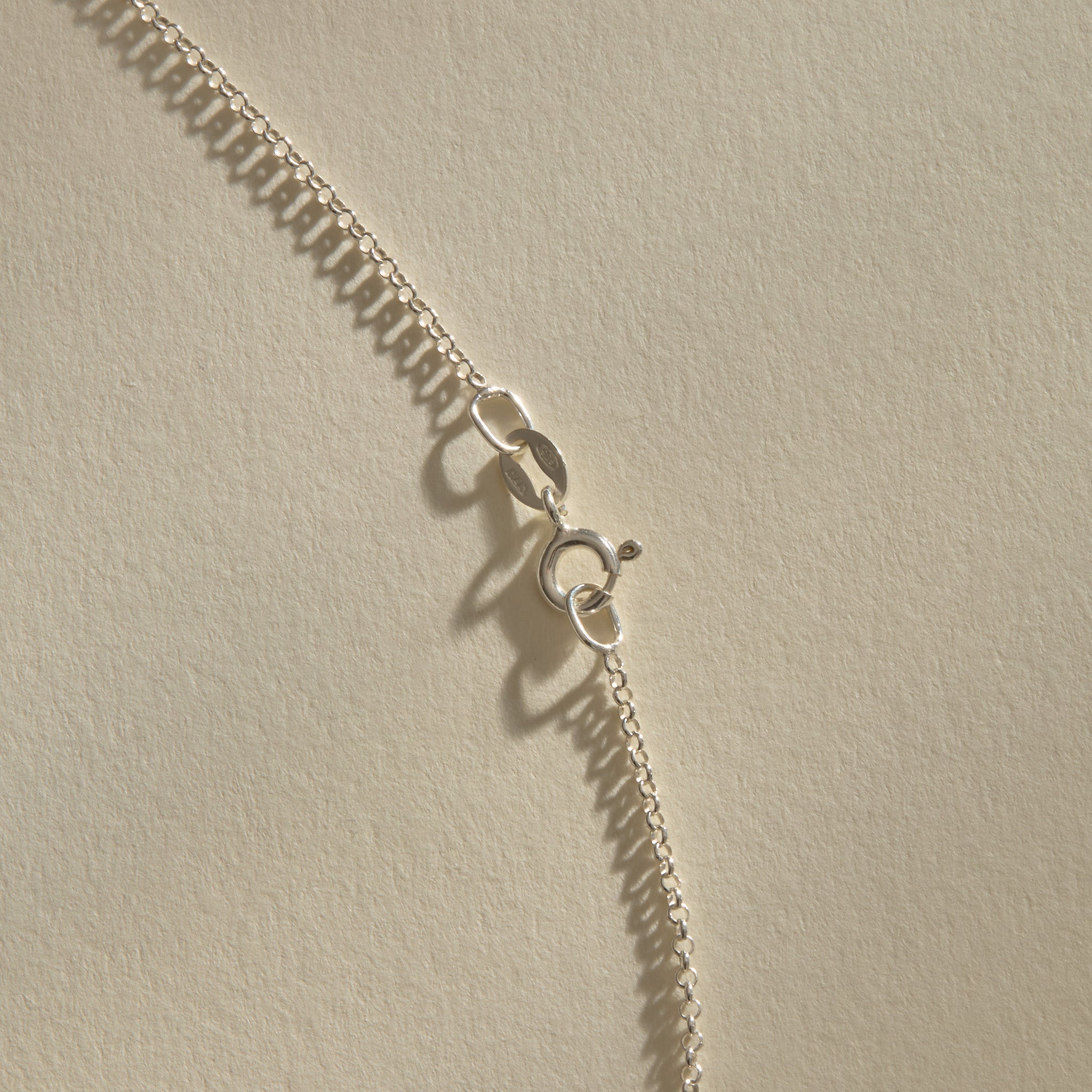 Clasp and rolo chain of the Sereia Spiral Shell Necklace in sterling silver.