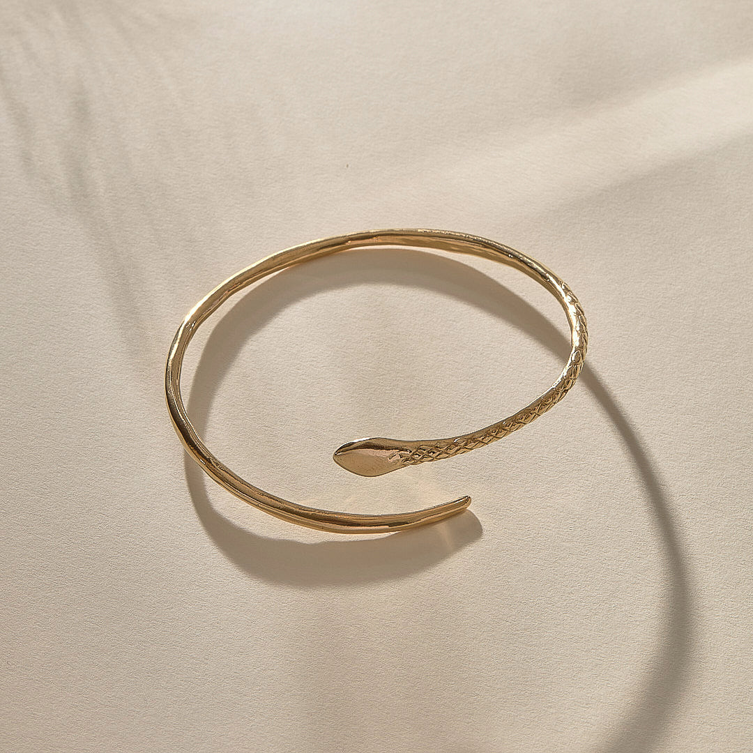 Serpent Snake Arm Cuff from the side, showing the snake head and adjustable open ends.