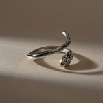 Stoned Serpent Smoky Quartz Ring in recycled sterling silver, angled view of the snake head and tail
