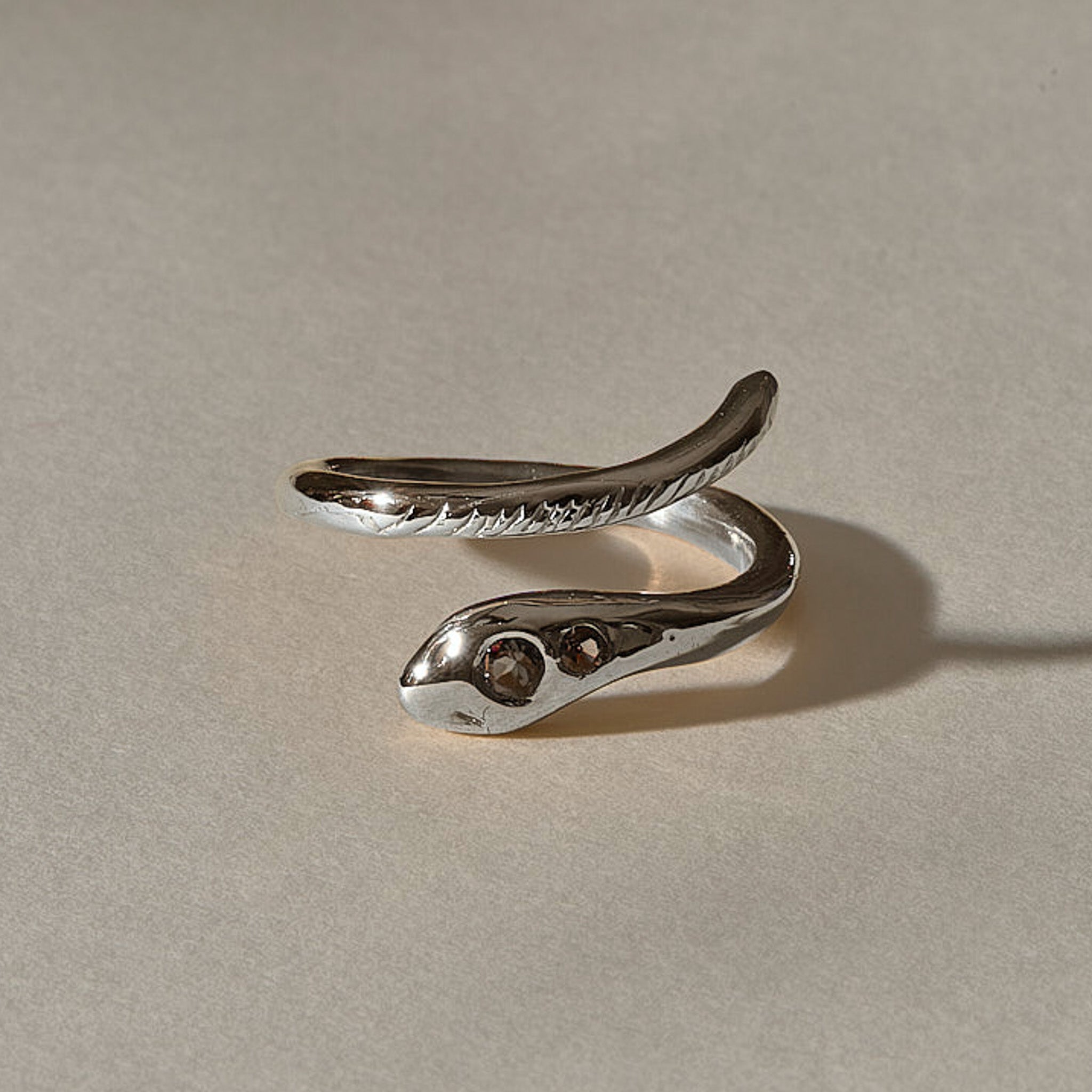 Stoned Serpent Smoky Quartz Ring in recycled sterling silver, snake wrap ring with faceted smoky quartz set in the head
